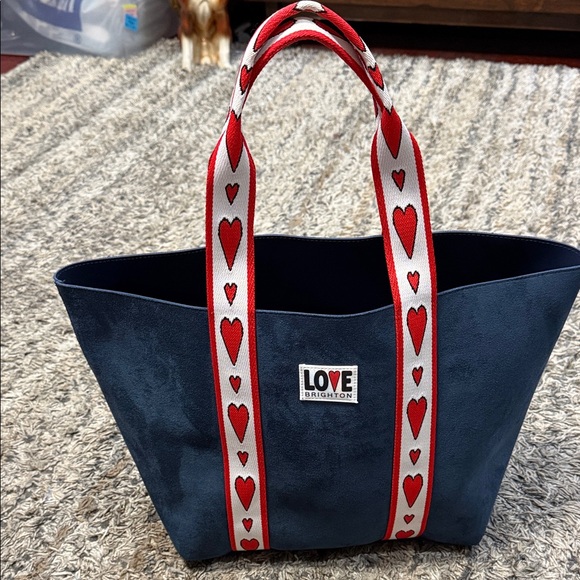 Brighton Handbags - Brighton velveteen Navy Tote with Red Heart Straps